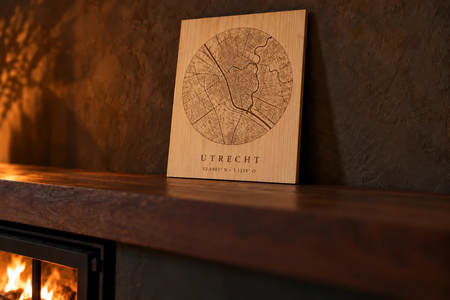 Essen plank met een gegraveerde ronde plattegrond van Utrecht en de coördinaten eronder