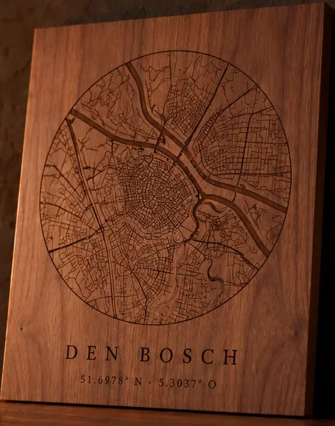 Walnoot plank met een gegraveerde plattegrond van Den Bosch