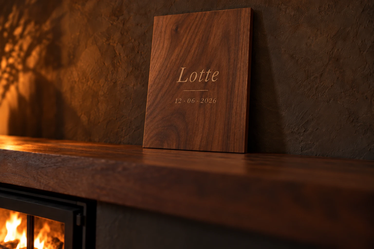 Walnoot plank met de gegraveerde naam Lotte en de datum 12 juni 2026, op een houten schoorsteenmantel