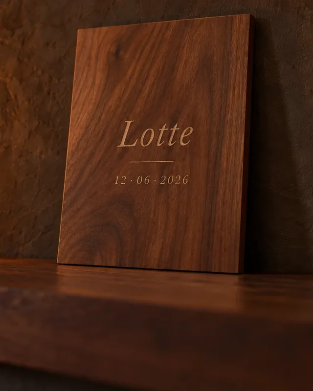 Walnoot plank met de gegraveerde naam Lotte en een datum